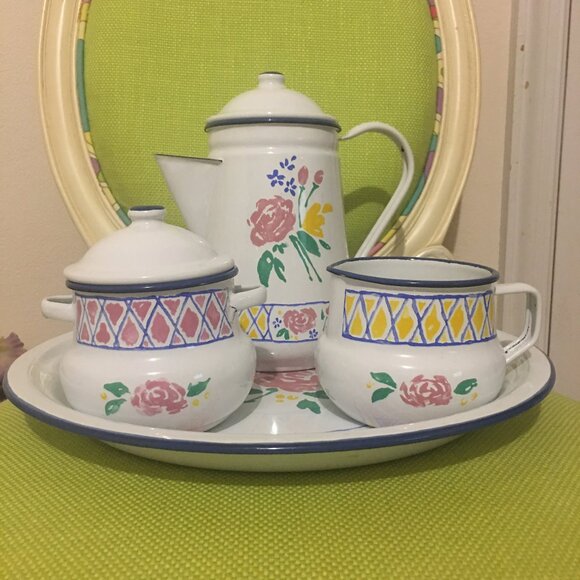 Giverny Enameled Metal Hostess Set, Cottage Chic Vintage Kitchen, Monet Impressi